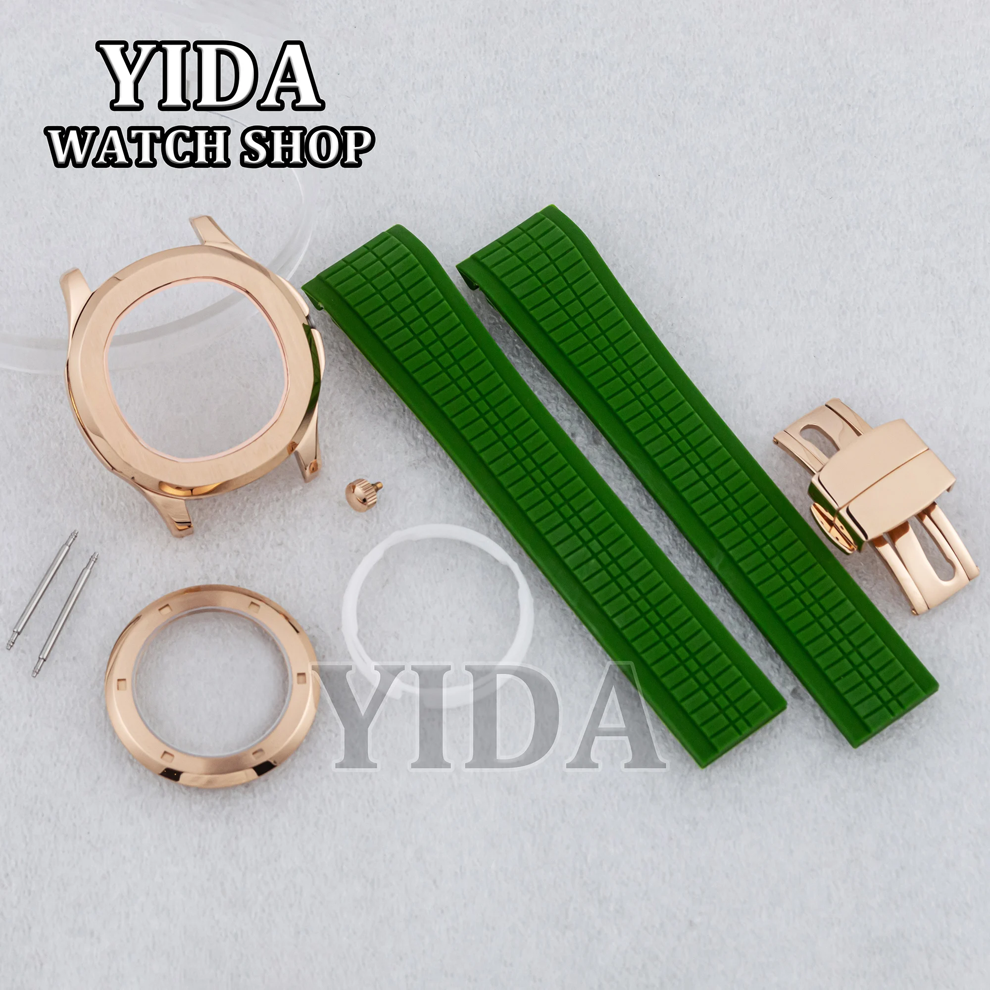 

42MM Watch Case Rubber Strap PVD Rose Gold Sapphire Glass 100M Waterproof Watch Parts for AQUANAUT Nautilus NH35 NH36 Movement