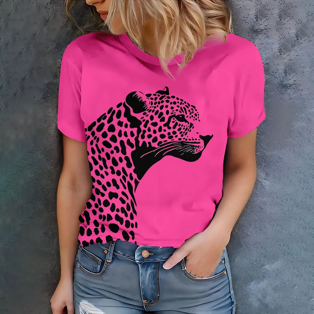 

Plus Size 1XL-5XL Women's Bright Pink T-Shirt with Black Leopard Print Casual Summer Style Short Sleeve Top for Daily Wear