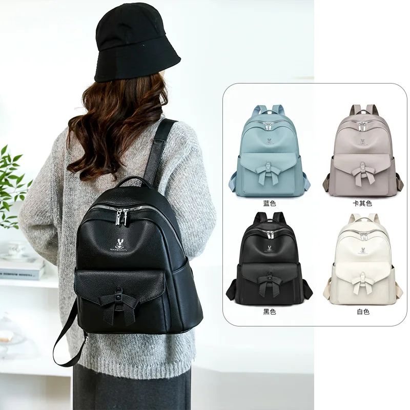 2025 autumn new large capacity women's backpack features bow design and simple and versatile soft PU schoolbag