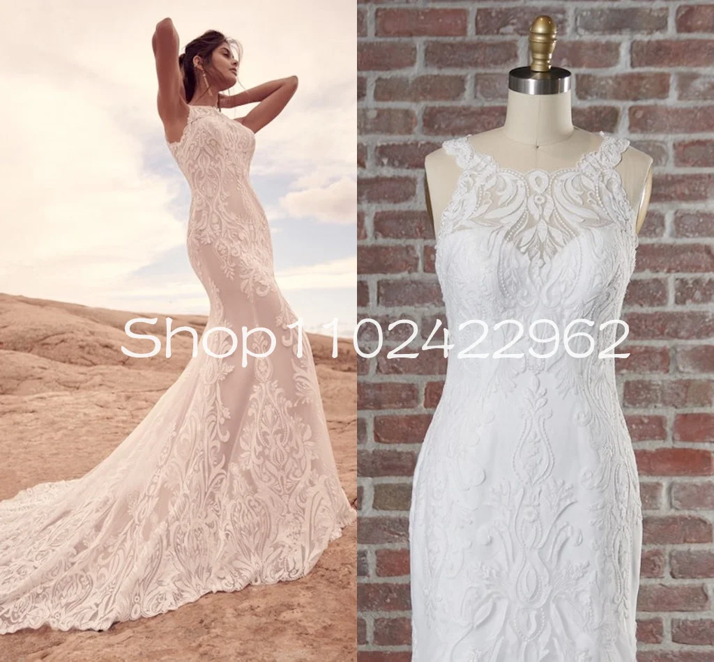 Lace Bateau Neckline Wedding Dresses with Statement Buttons Back Chapel Train Mermaid Fistail Beach Boho Bridal Gown