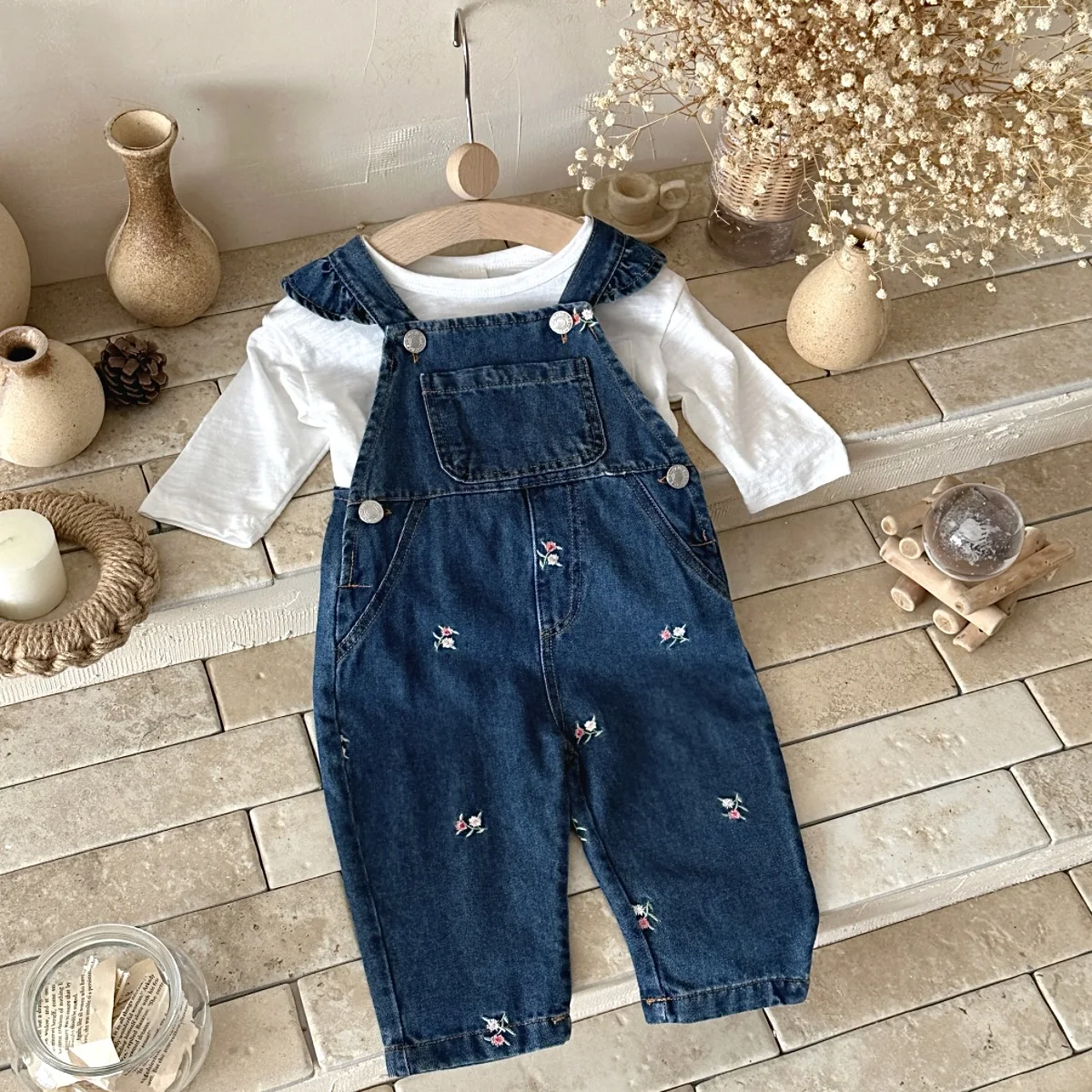 Baby Girl Denim Overalls Set Floral Embroidery Ruffle Strap Long Sleeve White Tee Toddler Spring Autumn Outfit