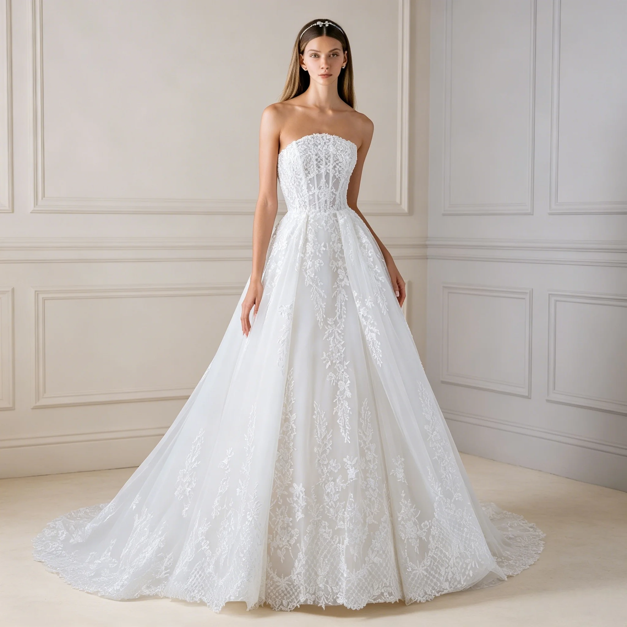 Floral Sequin Embroidery A Line Lace Wedding Dress Boned Corset Open Back Chapel Train French Minimalist Bridal Gown Customizabl