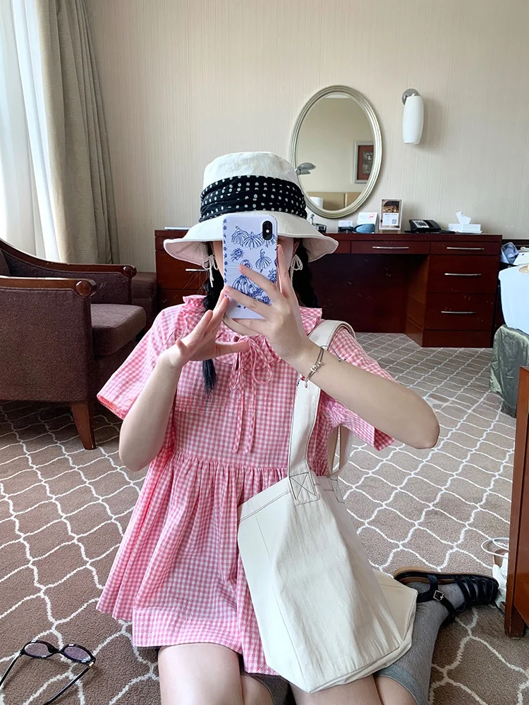 

Fufufun Original Design Girl's irt with Ruffle Collar Plaid Pattern Cotton Breathable Summer ort Sve Casual Wear