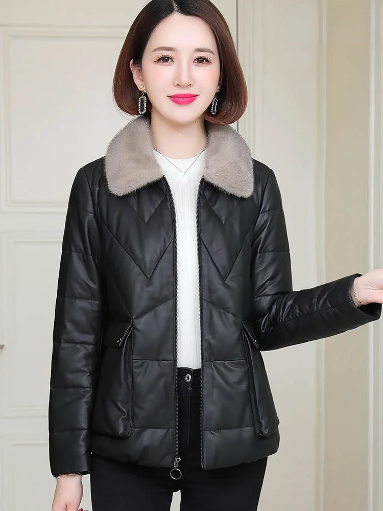 

2023 Women's Genuine Leather Jacket Winter 100% Sheepskin Coat Mink Fur Collar Down Jackets Short Outwear Abrigo Mujer 1249