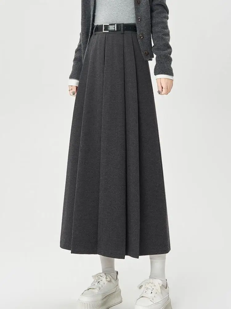

Vintage Women Solid High Waist Versatile Pleated A-line Long Woolen Skirt 2024 Autumn Winter Streetwear Simplicity Elegant Skirt