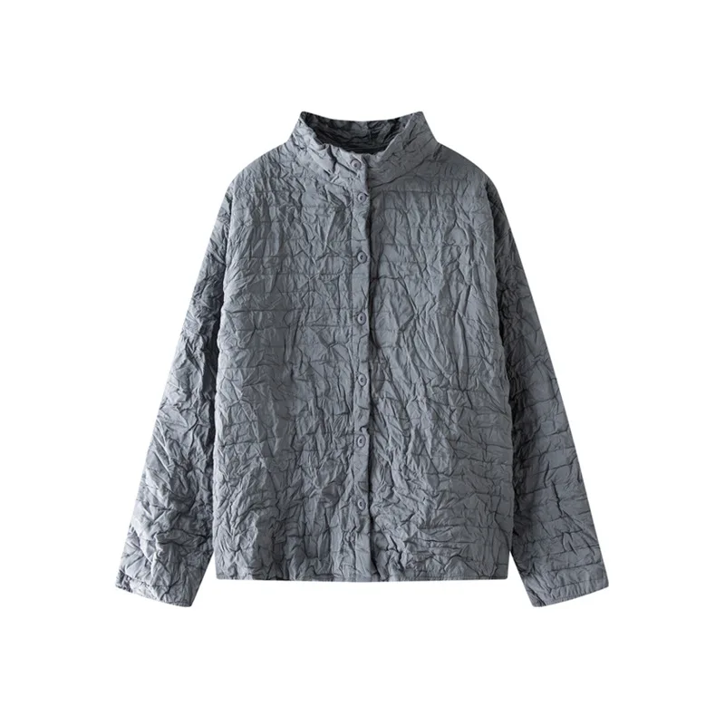 

Miyake Design однотонная однобортная хлопковая куртка с простым воротником-стойкой для зимы, свободный и универсальный теплый женский топ