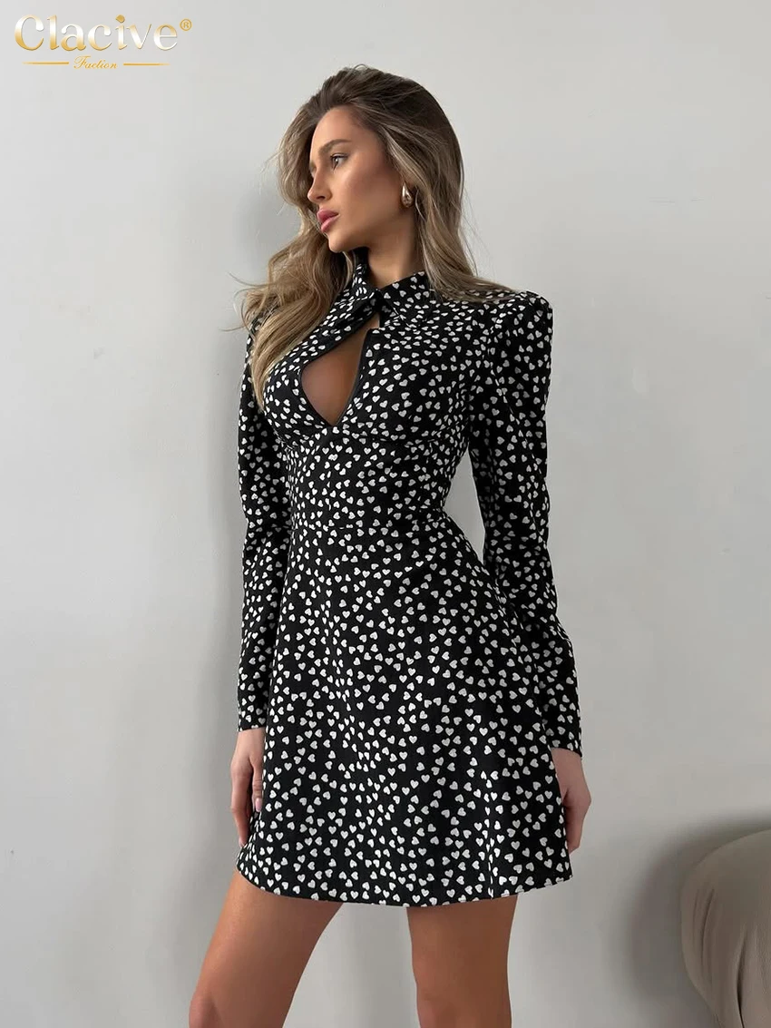 

Модное свободное женское платье Clacive с принтом, мини-платье с воротником-стойкой и длинными рукавами, элегантное классическое женское платье, уличная одежда