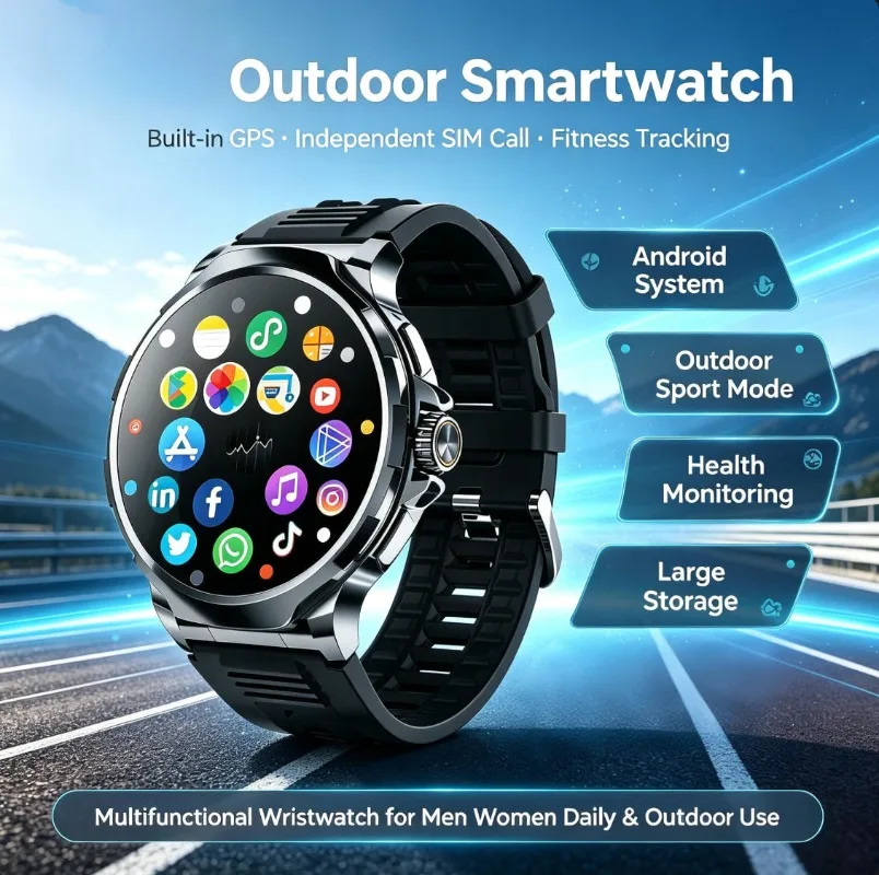 4G SIM Unisex Sports Smartwatch Curved Eye Care Display Large Storage Bluetooth Call Social Notification Wrist Watch