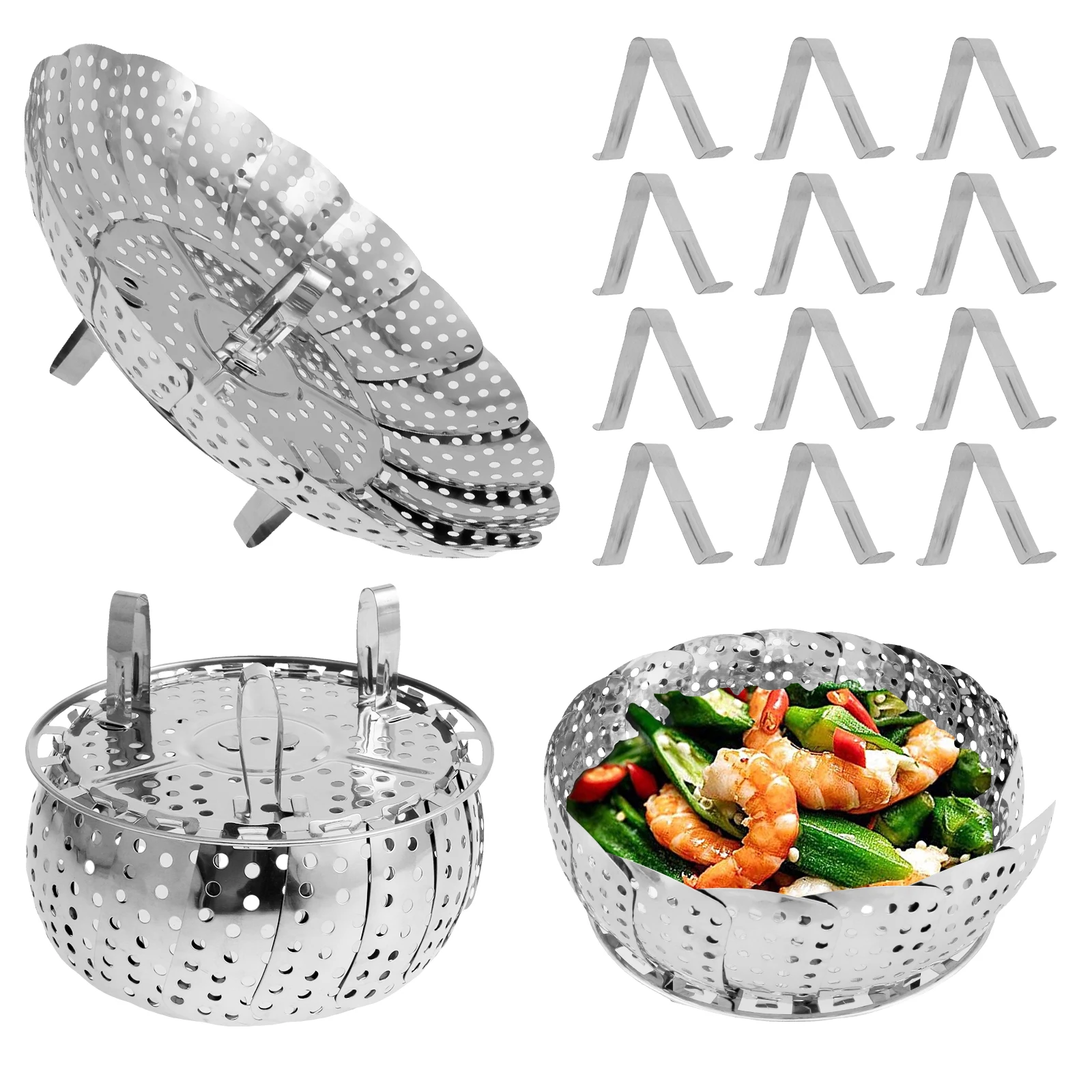 3-Size Stainless Steel Vegetable Steamer Basket Folding Expandable Vegetable Steamer Inserts Kitchen Tool for Steaming Cooking