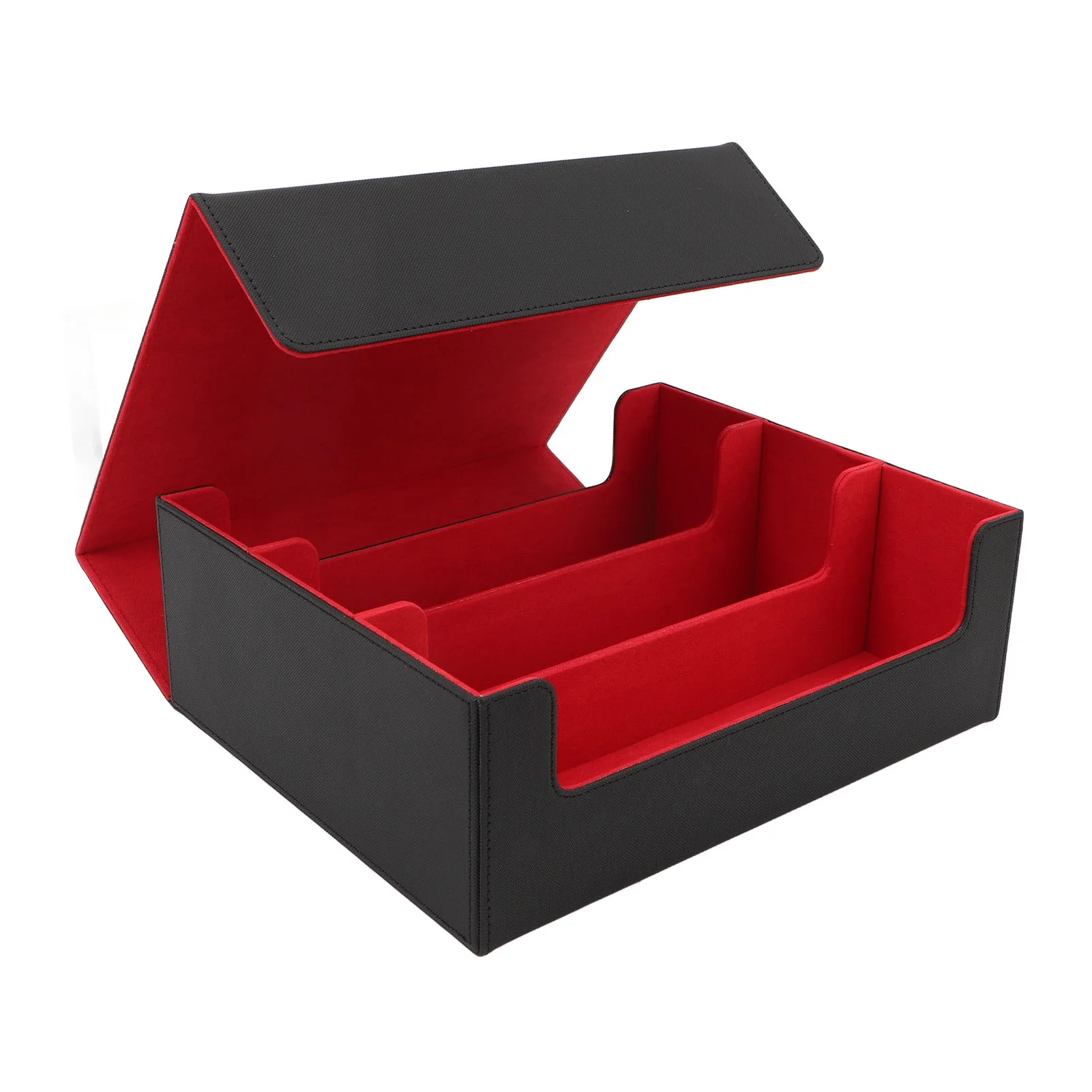 PU Leather Card Deck Box 3 Rows Large Capacity Magnetic Closure Storage Case for Game Tarot Cards Black Shell Red Lining
