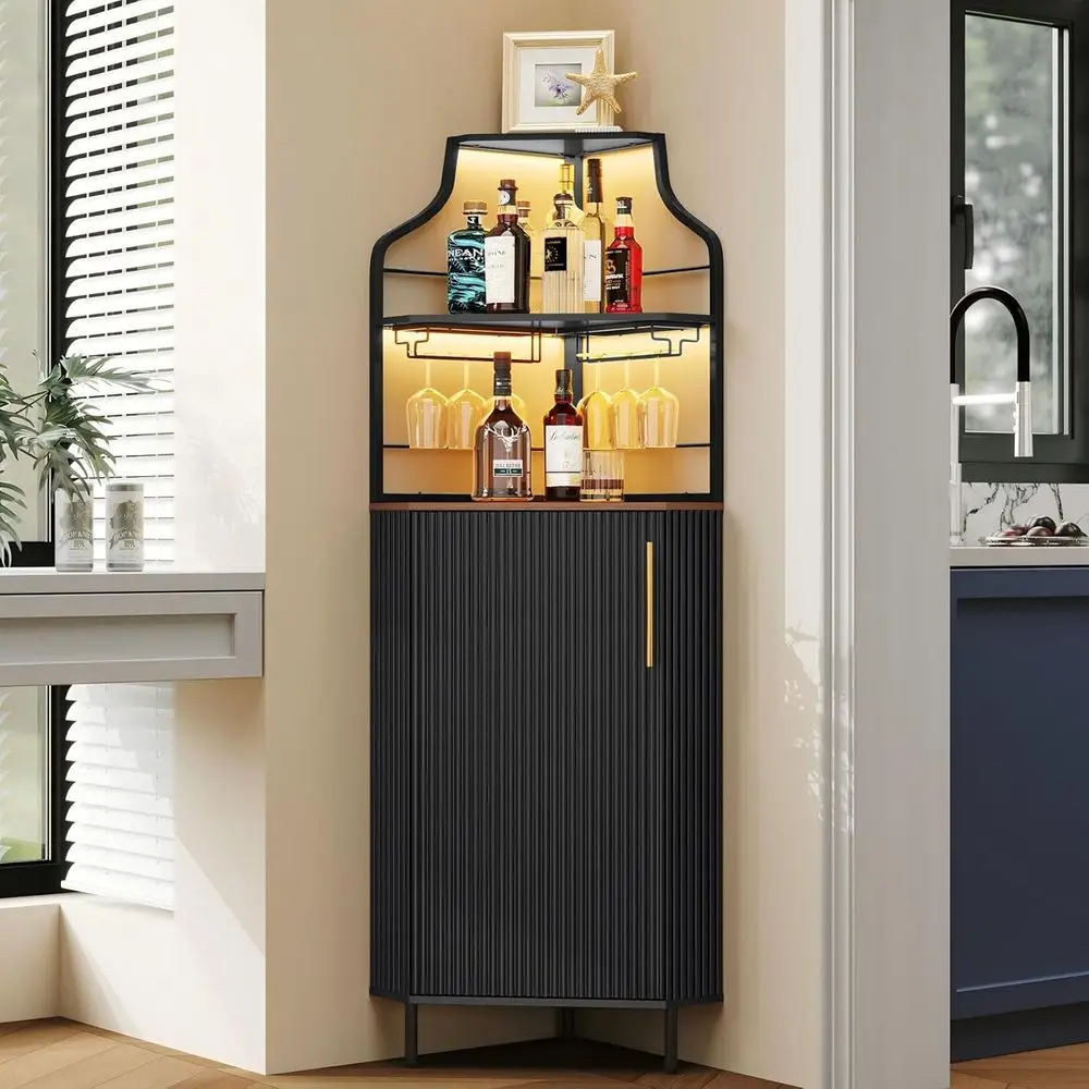 

LED-Illuminated 4-Tier Coffee Bar with Glass Holder, Suitable for Liquor Storage in Kitchen, Dining, and Living Rooms, Black