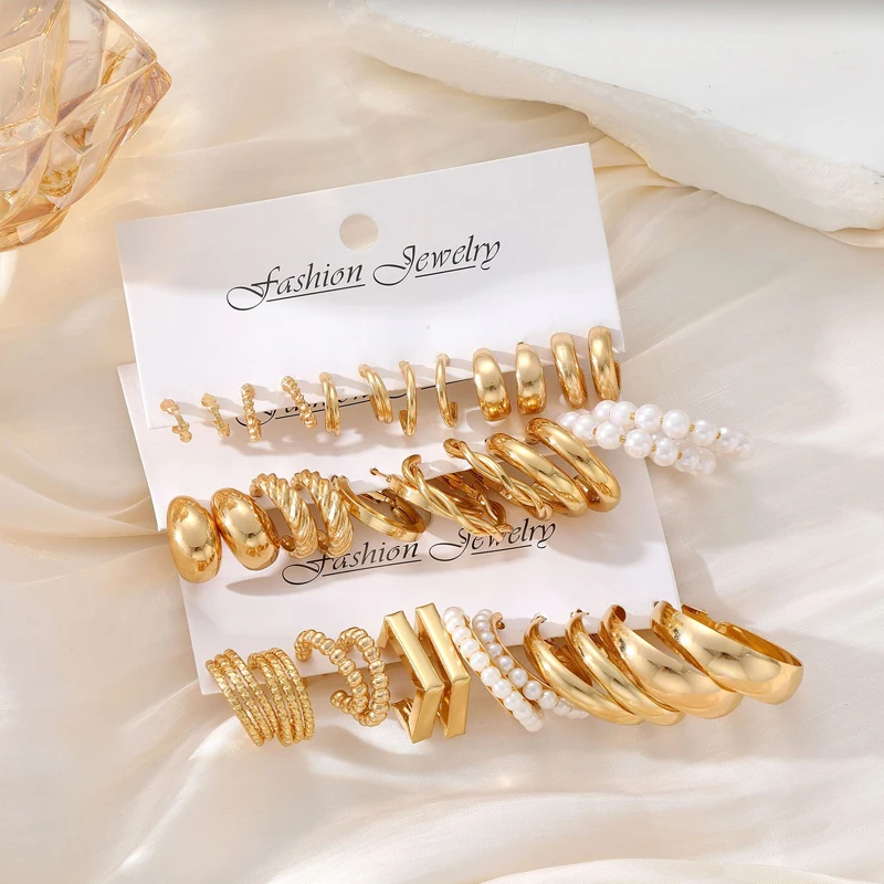 36 Pcs Geometric C Alloy Pearl Earrings Sets For Women Europe and America Gold Color Hoop Earring Holiday Parties Jewelry Gifts