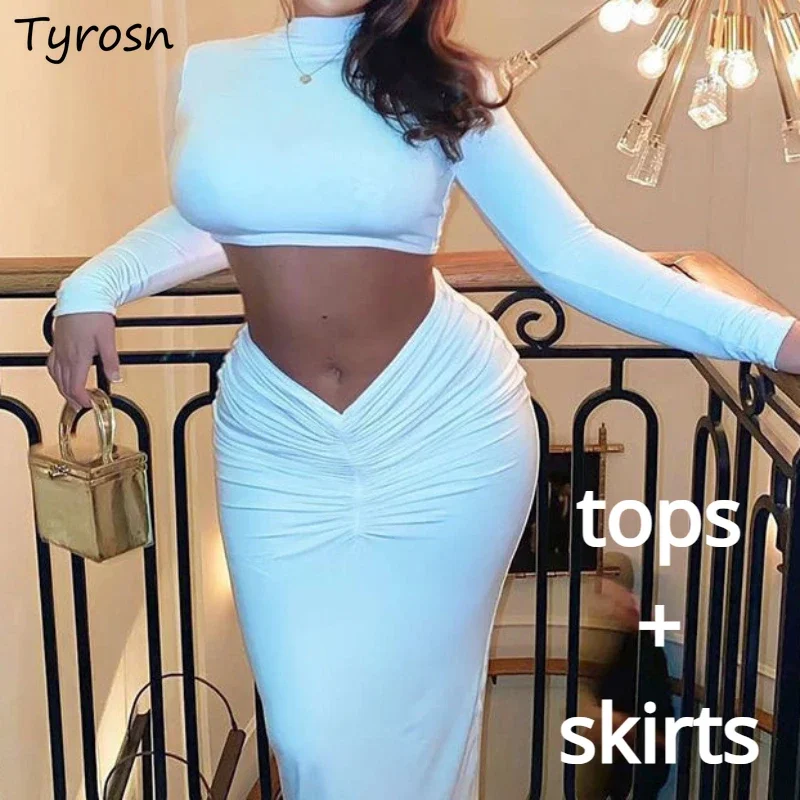 

Женские комплекты из двух предметов, летние сексуальные тонкие топы без талии с длинными рукавами, водолазка, шикарный дизайн с гофрировкой, макси-юбки, клубная одежда