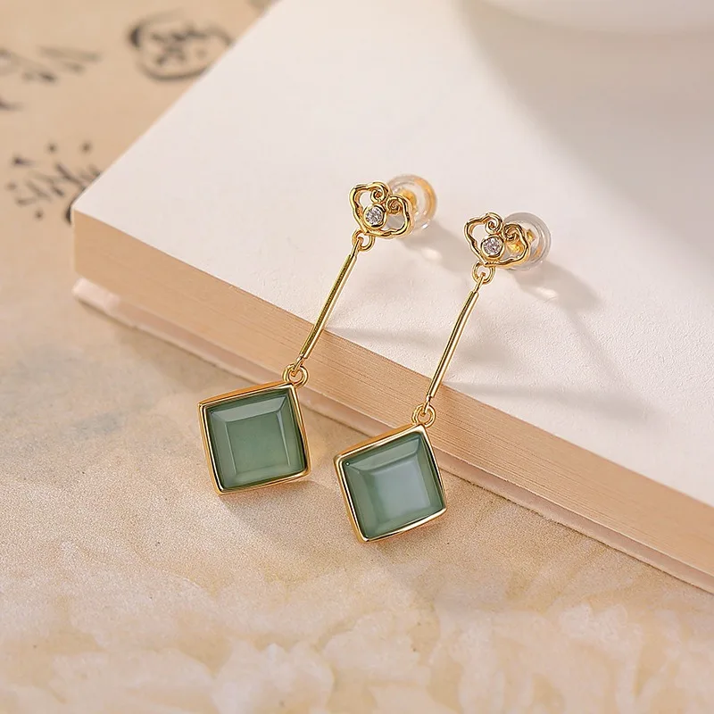 

TIMESWIND Natural Jade Light Blue Ruyi Rhombic Women S925 Silver Earrings with Certificate