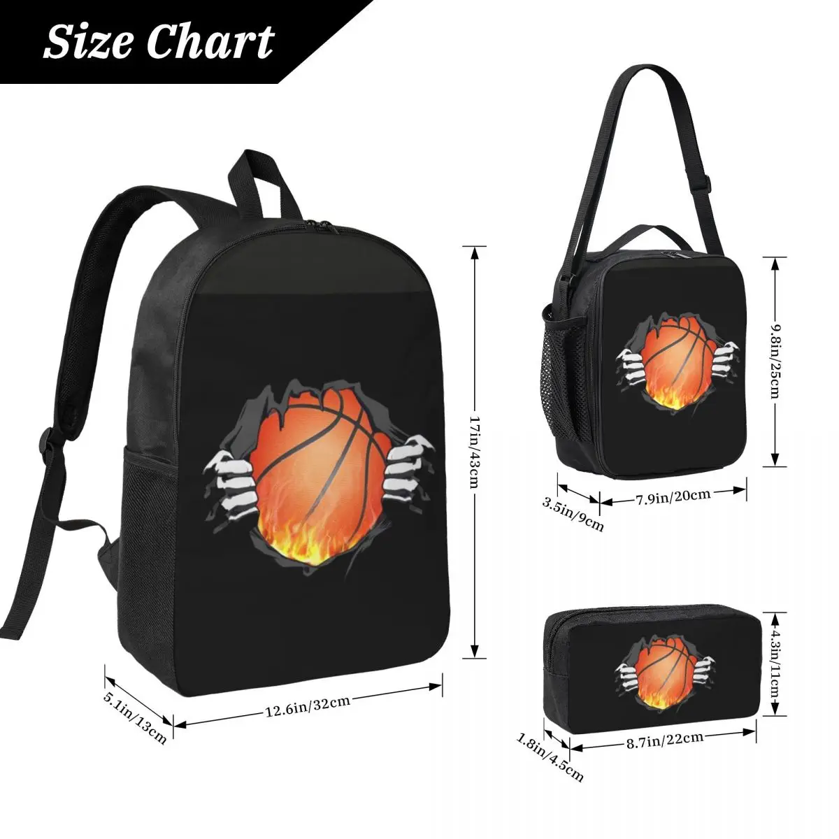 Basketball Power Burning Flame Backpack Boys Girls BookBag School Bag Laptop Shoulder Bags 3ps Insulated Lunch Bag Pencil Case