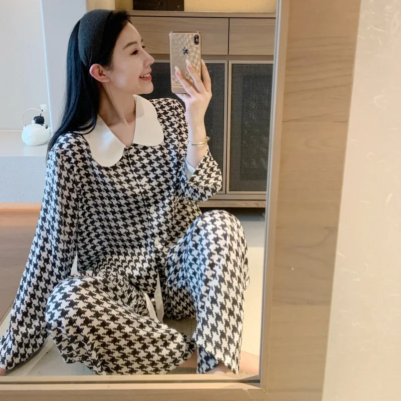 26 New Spring Summer Pajamas Women Ice Silk 2piece Set Doll Collar Sweet Casual Long Sleeve Pants Plaid Nightgown Sleepwear