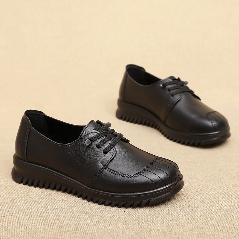 Black Leather Lace-Up Loafers For Women With Stitched Toe Detail And Non Slip Thick Sole Comfortable Casual Office And Daily Wal