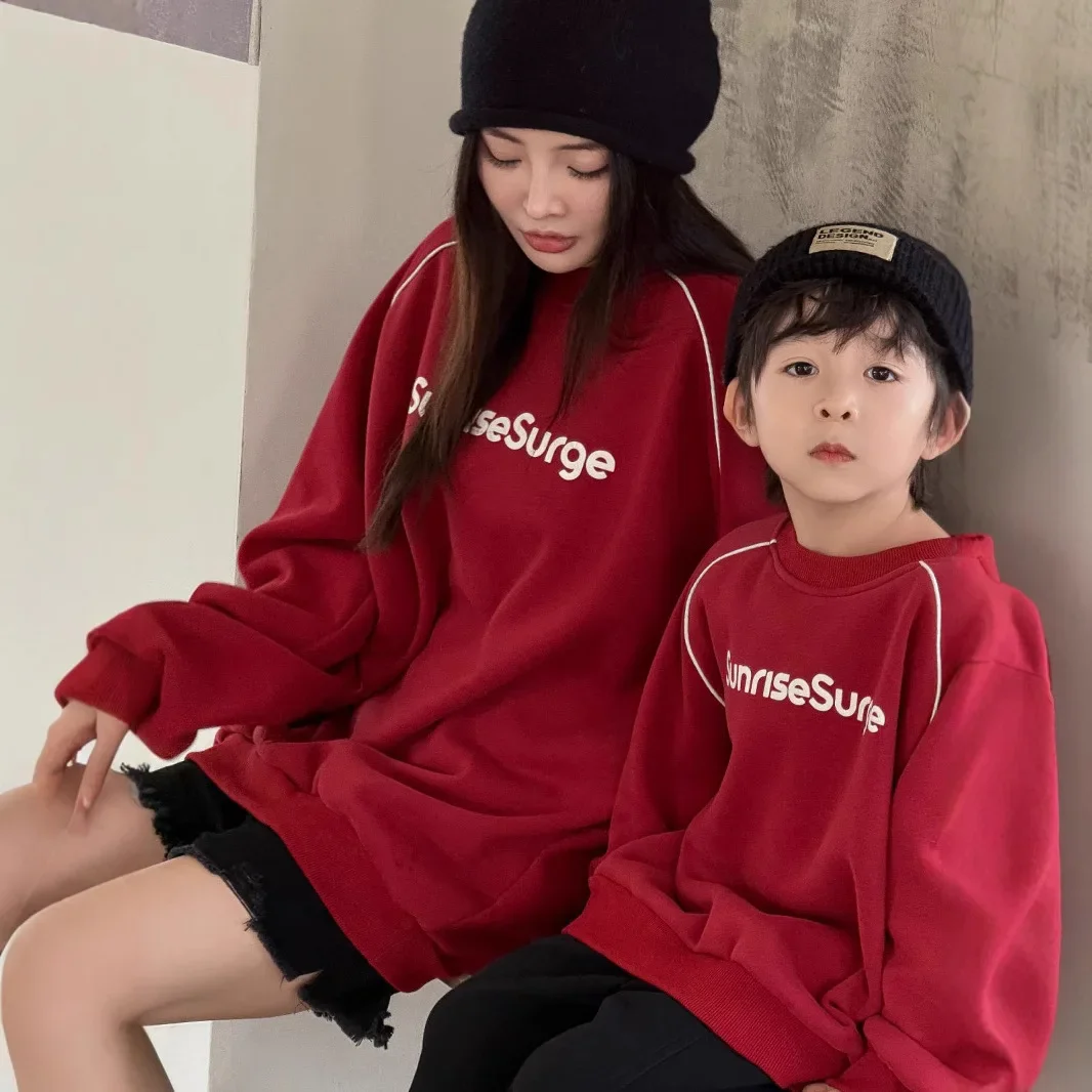 Inverno família grosso sweatshirts mãe pai e filha filho mesmo quente vermelho roupas coreano pai-filho combinando roupas topos