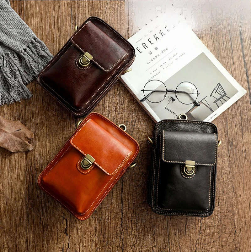 Plant tanned hand-rubbed leather single shoulder crossbody bag head layer cowhide men's waist hanging bag mobile phone storage
