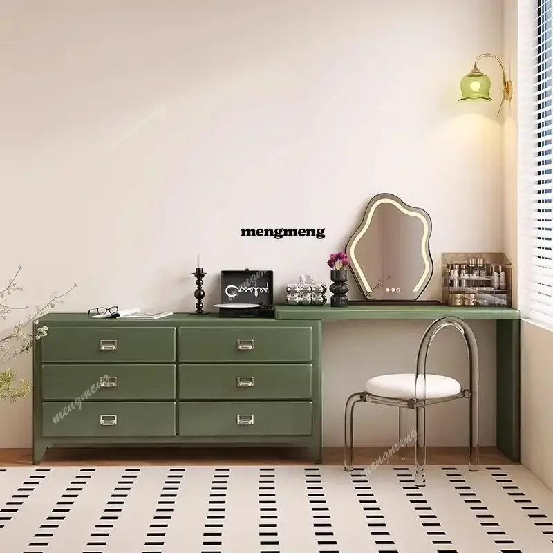 

Retro Dresser table with Chest Integrated Bedroom, Small Apartment, Solid Wood Paint Green Makeup Table, Bedside Storage Cabinet