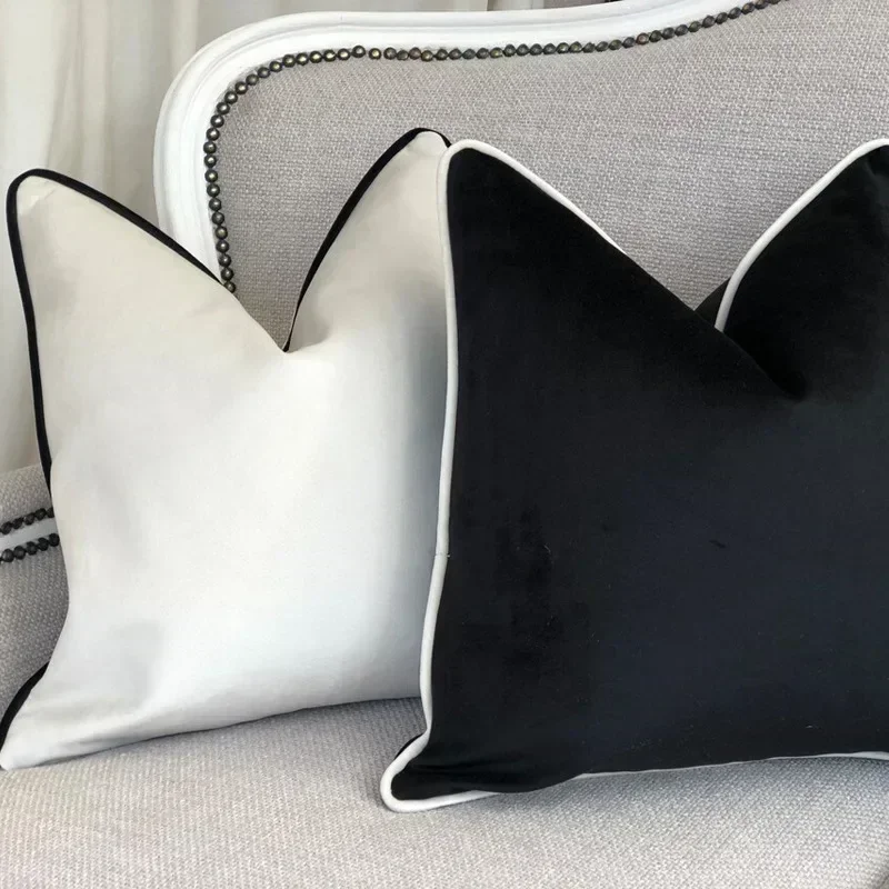 High Quality Black and White Velvet Hemming Pillowcase Simple Nordic Style Pillow Cases 60x60 Modern Light Luxury Cushions Cover