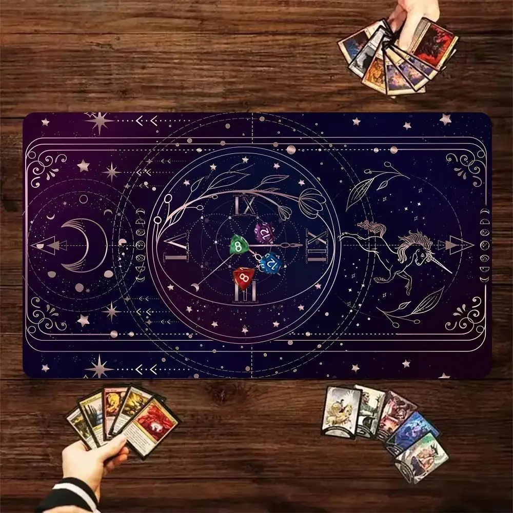 Celestial Unicorn Tarot Playmat Purple Star Moon Clock Design Non‑Slip Rubber Large Mouse Pad Table Mat for TCG Game Office