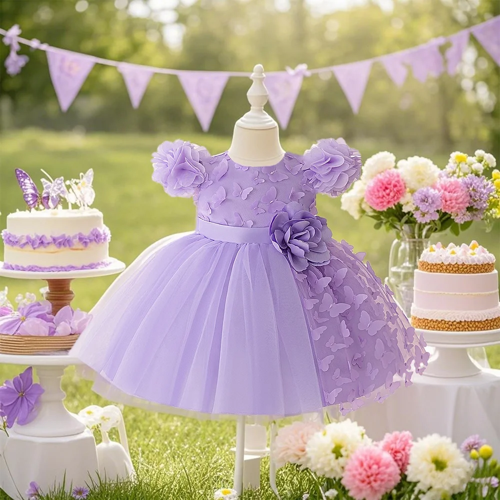 Vestido de mariposa púrpura para niña, vestido de fiesta dulce floral bonito y romántico para niña, perfecto para salidas de verano, mariposa encantadora