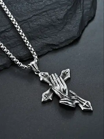 Necklace For Men National Retro Style Hand Of Prayer Stainless Steel Cross Fresh Fashion Necklace Personality Niche Pendant