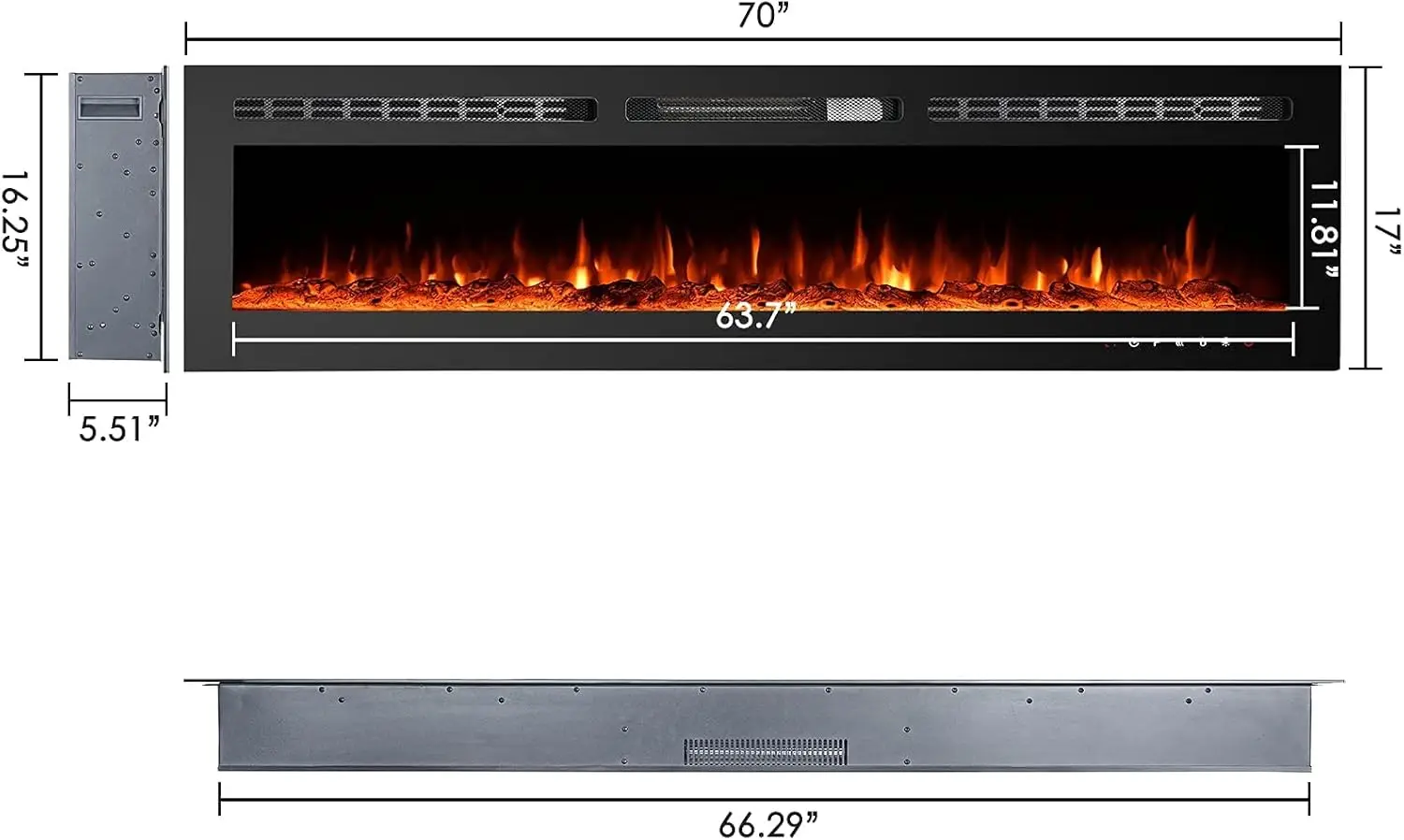 Inserto de chimenea montado en la pared, calentador de 70 pulgadas de ancho, LED, lugar de fuego, Control remoto y pantalla táctil