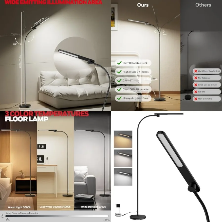

LED Floor Lamp for Reading, CRI97 Full Spectrum Eye-Caring Task Lamp, Stepless Dimmable 3000K-5000K Standing Lamp with Flexible