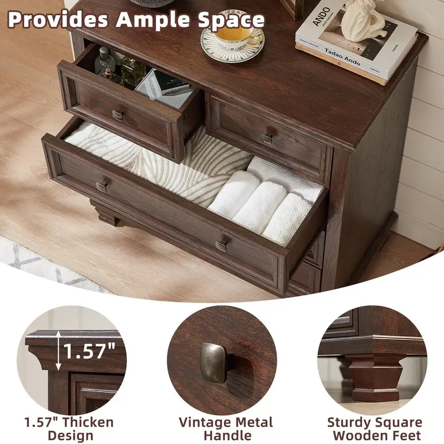 5 Drawer Dresser for Bedroom, 32.6 Inch Tall Vintage Chest of Drawers, MidCentury Small Dressers w Square Solid Wood Legs, Rust