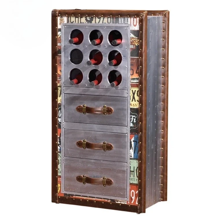 

HJ HOME Vintage Steamer Trunk Storage Classic Aviation Bar Furniture Retro Red Wine Cabinet