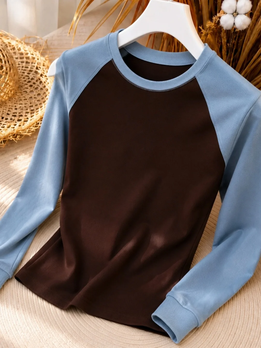Color Block Long Sleeve T-Shirt Women's Fashionable Design Sense Youthful Trendy Autumn New All Match Upper Body Poem Art Lin