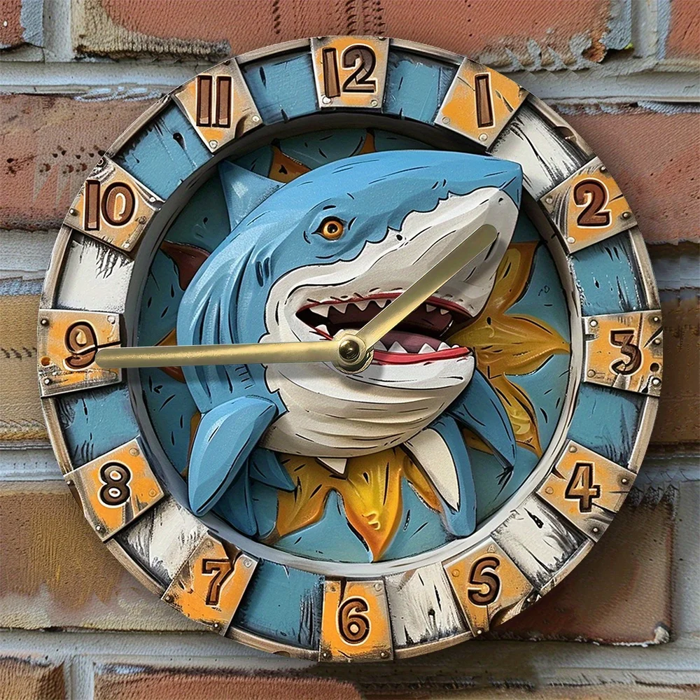 Shark Themed Silent Wall Clock, DIY Assembly Kit, High-Definition 2D Print Room Decor, Boys Bedroom Ocean Motif Accessory