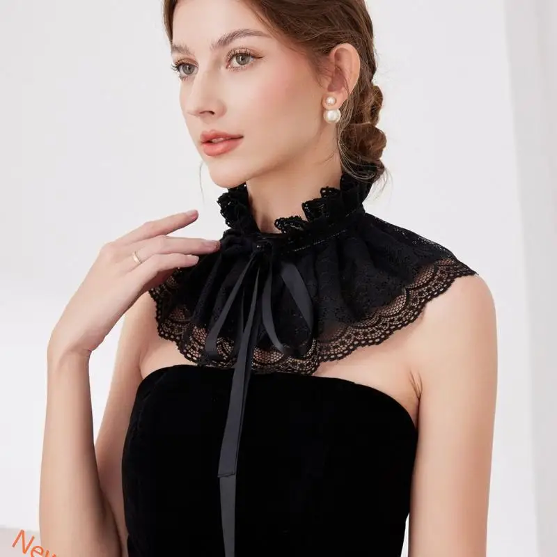 Elegant Ruffle Lace Faux Collar Gothic Victorian Ribbon Shawl Cape for Ladies