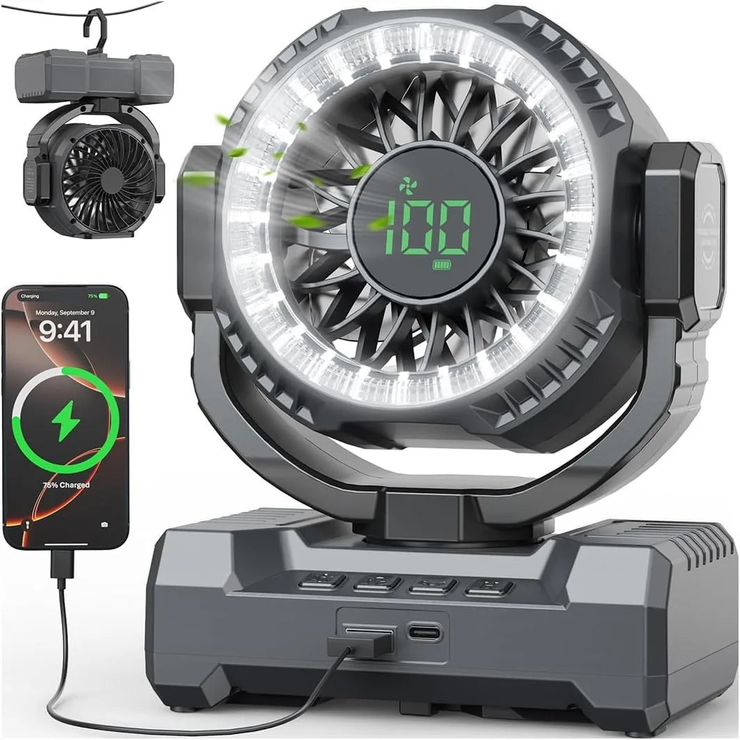 

24000mAh Camping Fan Portable Rechargeable Battery Powered Fan With LED Lantern 120 Degree Oscillation For Travel Tent Fishing Jobsite Outdoor