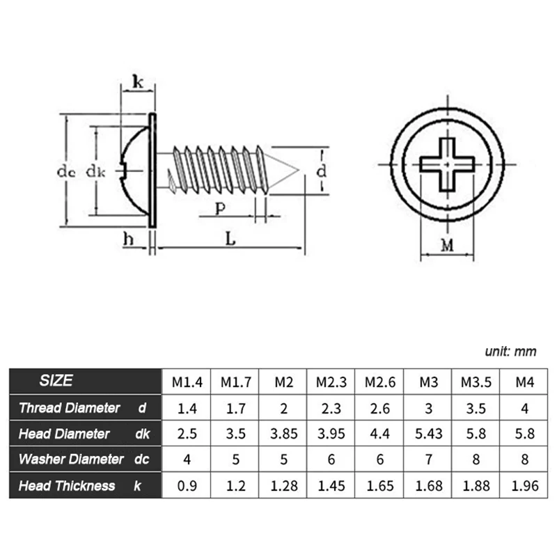 50/ 100/ 200pcs/lot M1.4 M1.7 M2 M2.5 M3  M3.5 M4 PWA  Black Phillips PWA Cross Round Head Self tapping Screws With Washer