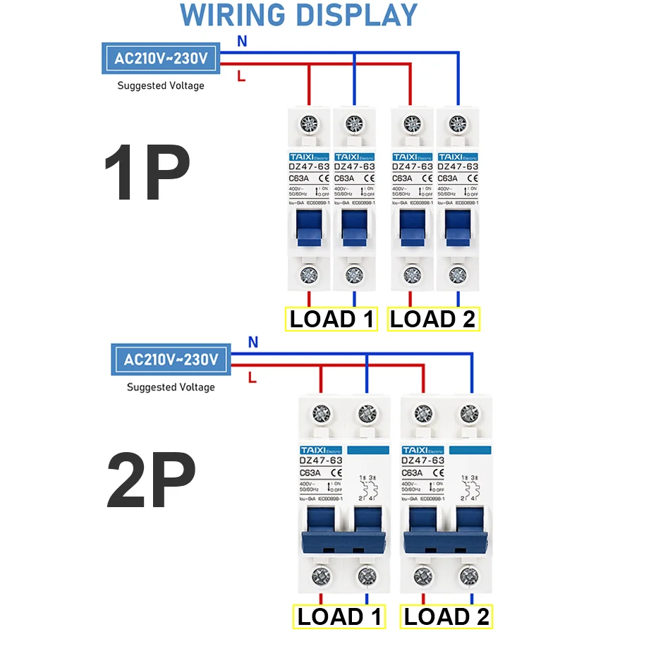 AC Circuit breaker MCB DZ47  6A 10A 16A 20A 25A 32A 40A 50A 63A 220V Circuit Overload, Disconnect, Short Circuit Protection