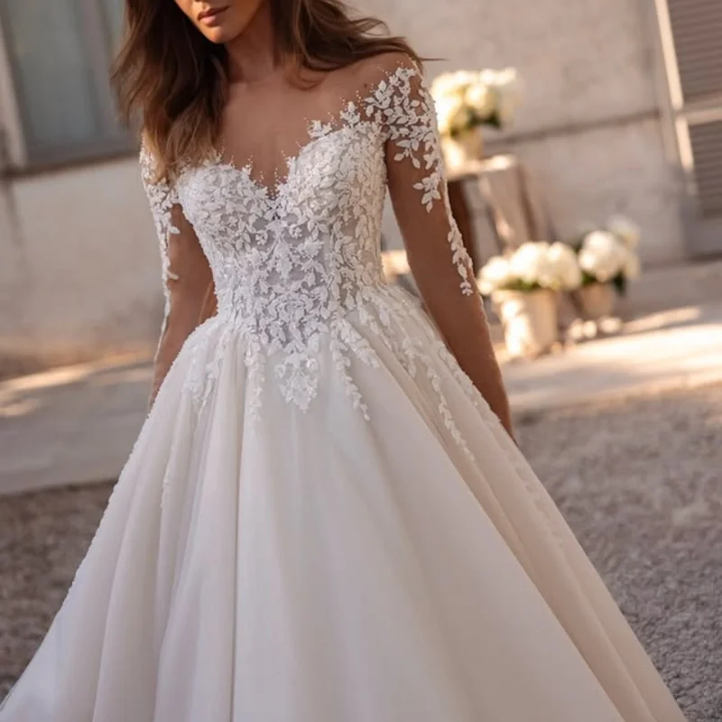 

luxury White Appliques Wedding Dresses off-shoulder A skirt decal Gowns Made long sleeves multi-layer wedding dress Customized