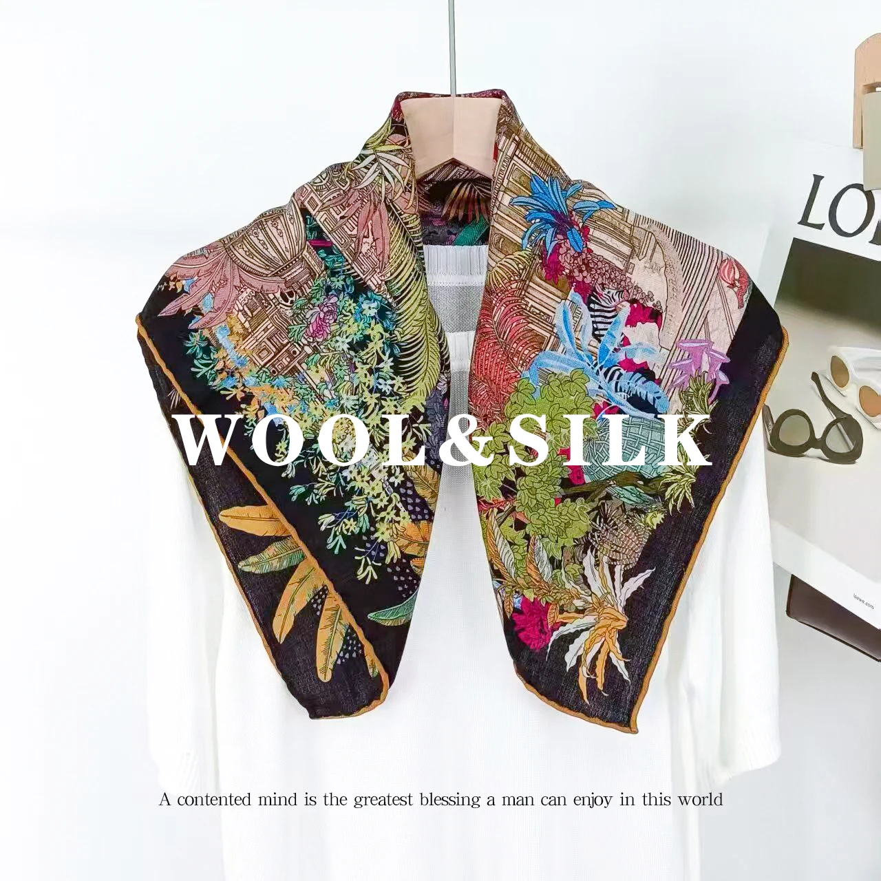 70% Wool And 30% Mulberry Silk Blend Scarf, Tropical Jungle Castle Print, Luxurious Women's Scarf, Headscarf, Shawl Bandana
