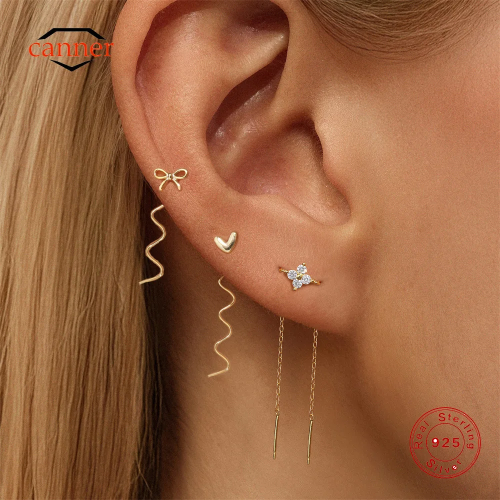 

CANNER 925 Sterling Silver Smooth Heart-shaped Stud Earrings For Women INS Long Lines Earrings Fine Jewelry aretes para mujer