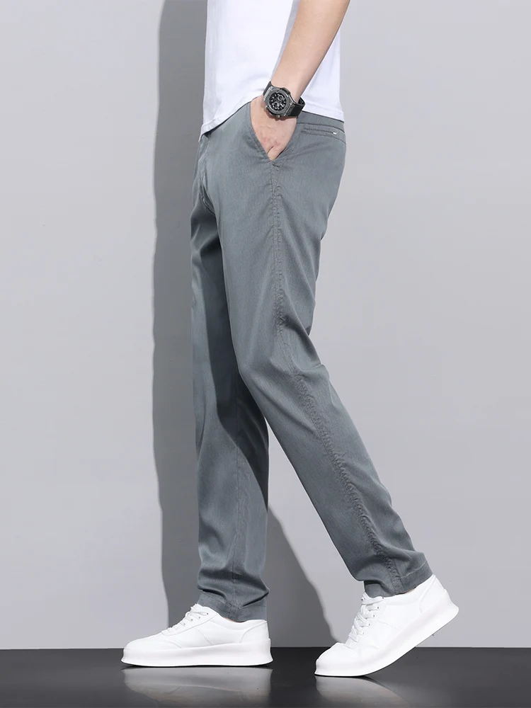 Pantalones informales de tela de fibra Lyocell para hombre, pantalón recto, ajustado, fino, suave, transpirable, elástico, para negocios, negro y gris, verano