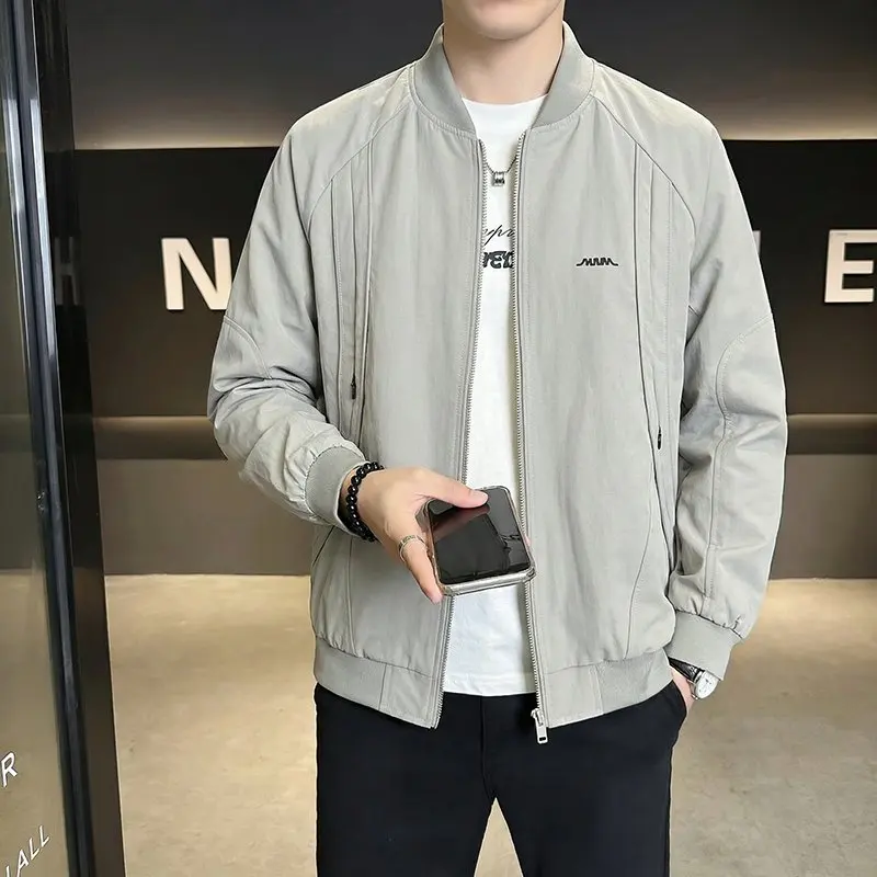 

Мужская повседневная куртка на весну-осень, свободного кроя, с воротником-бомбером, в рабочем стиле, модная, простая, из ткани Оксфорд, полиэстер, с длинными рукавами