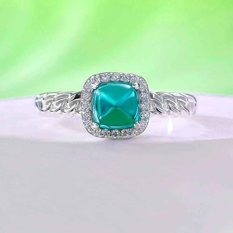 Live Streaming New S925 Silver Simulated Emerald 5 * 5 Sugar Tower Ring Daily Fashion Minimalist Style Niche Fashion