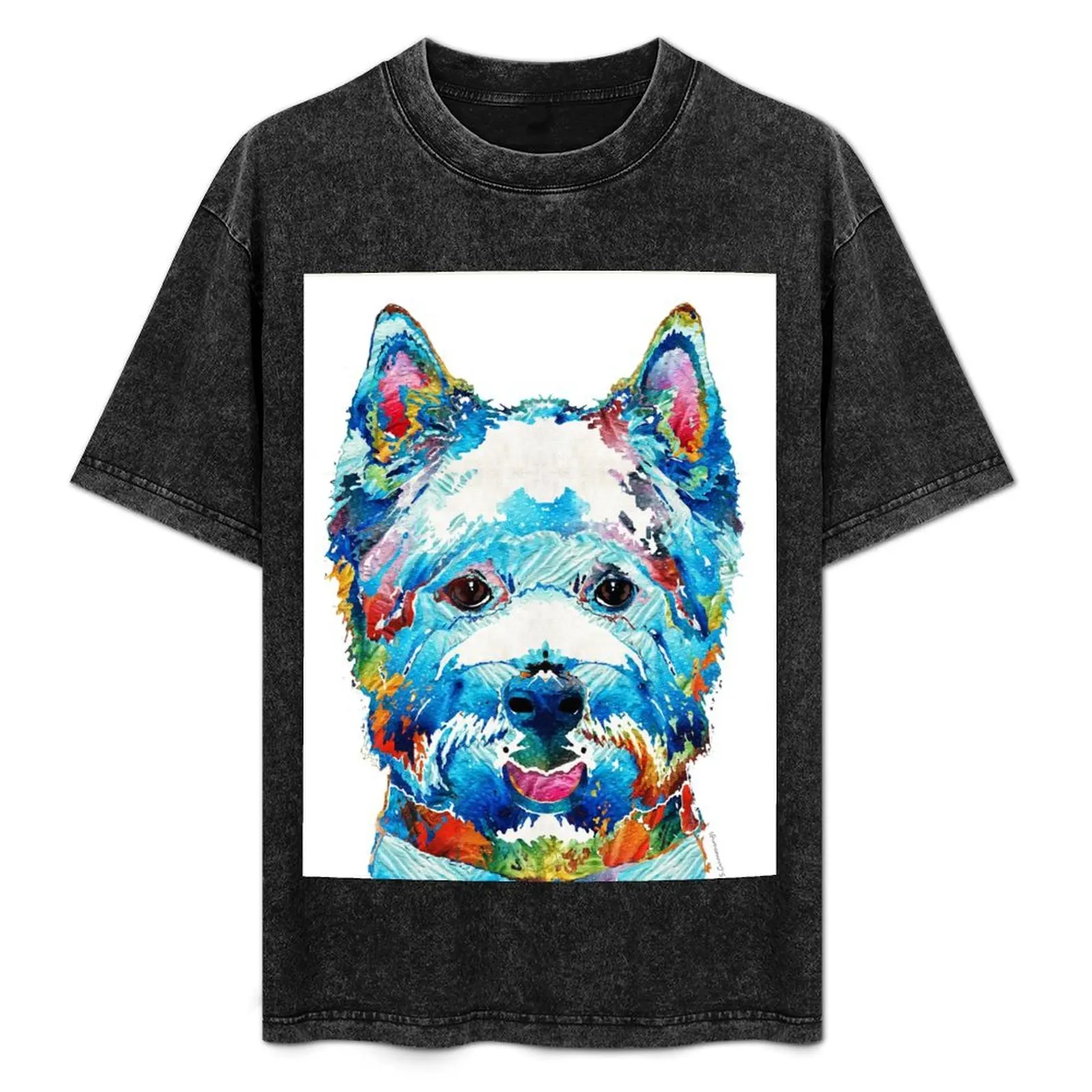 

Colorful West Highland Terrier Dog Art Sharon Cummings T-Shirt Active Sports Short Sleeve Cotton Shirt