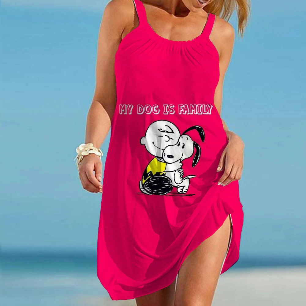 Vestido de playa con estampado de Snoopy para mujer, ropa informal Sexy, sin mangas, juvenil, para fiesta y Noche