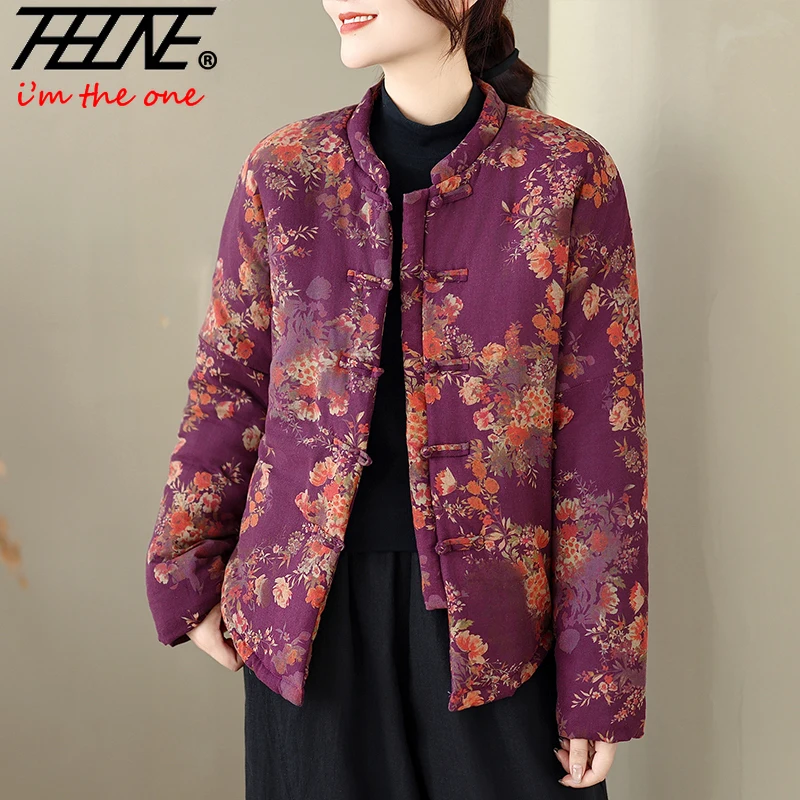 

THHONE Fashion Winter Jackets Parkas for Women Thicken Warm Print Chinese Style Cotton Linen Vintage Print Long Sleeve Coats