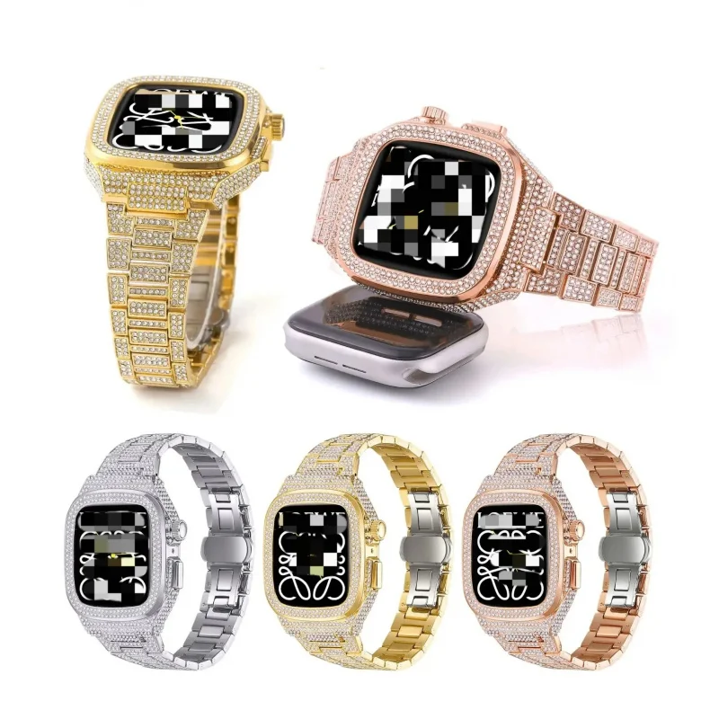 

Новый роскошный стальной ремешок с пряжкой-бабочкой и бриллиантами подходит для ремешков Apple Watch с металлическими сверкающими бриллиантами.