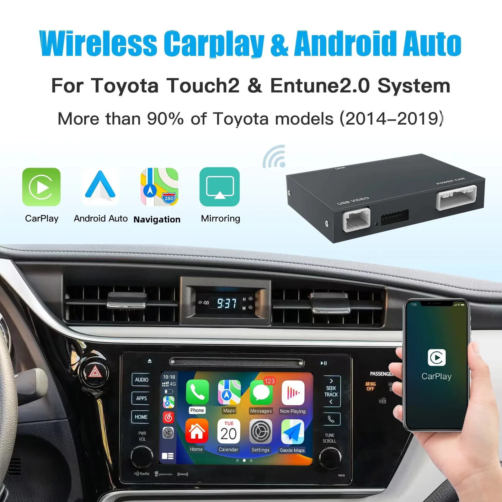 AUTOABC mit Entune2.0 2014–2019 Wireless Carplay Android Auto Adapter Upgrade Box für Toyota Corolla, Tacoma, Camry, Avalon Prius