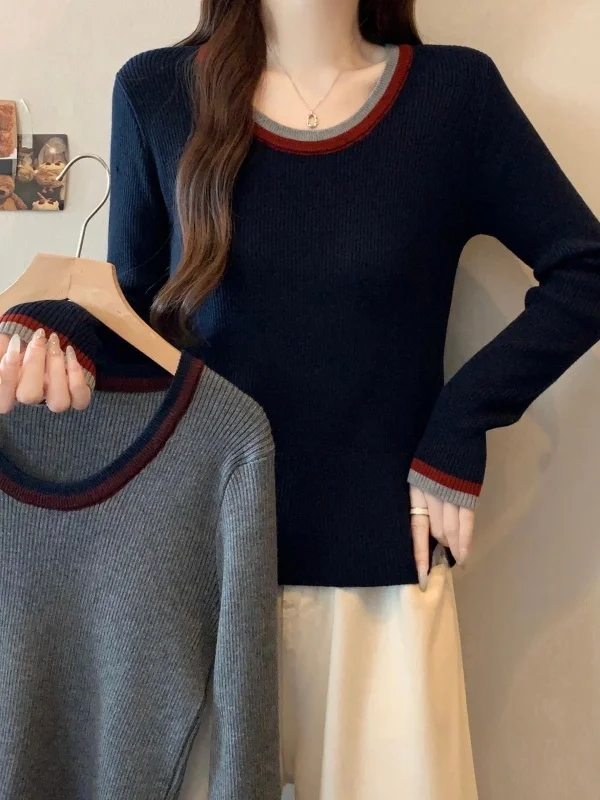 

plus Size American Retro Color Blo Sweater Women's Autumn Winter Slim Fit Base irt Trendy Top High Waist Knitted Long Sve